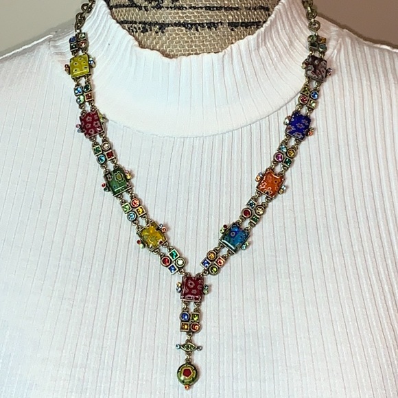 Millefiori Glass Geometric Y link Necklace - Picture 2 of 4